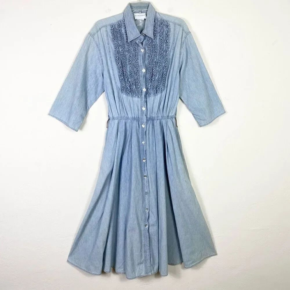 Vintage Schrader Light Wash Chambray Denim Ruffled A Line Dress Size 14